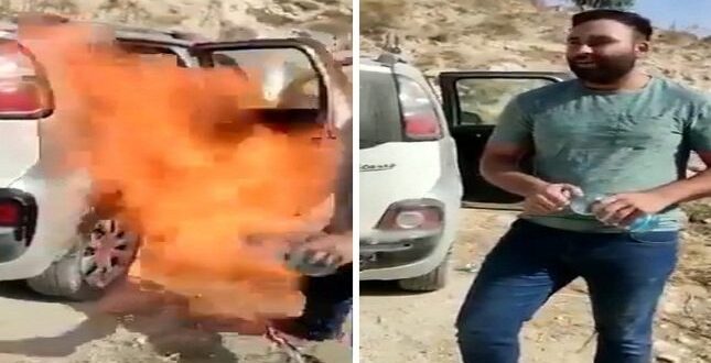 فلسطيني يسكب بنزين على سيارته الفرنسية