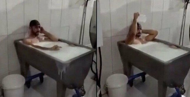 عامل تركي يستحم بالحليب في مصنع
